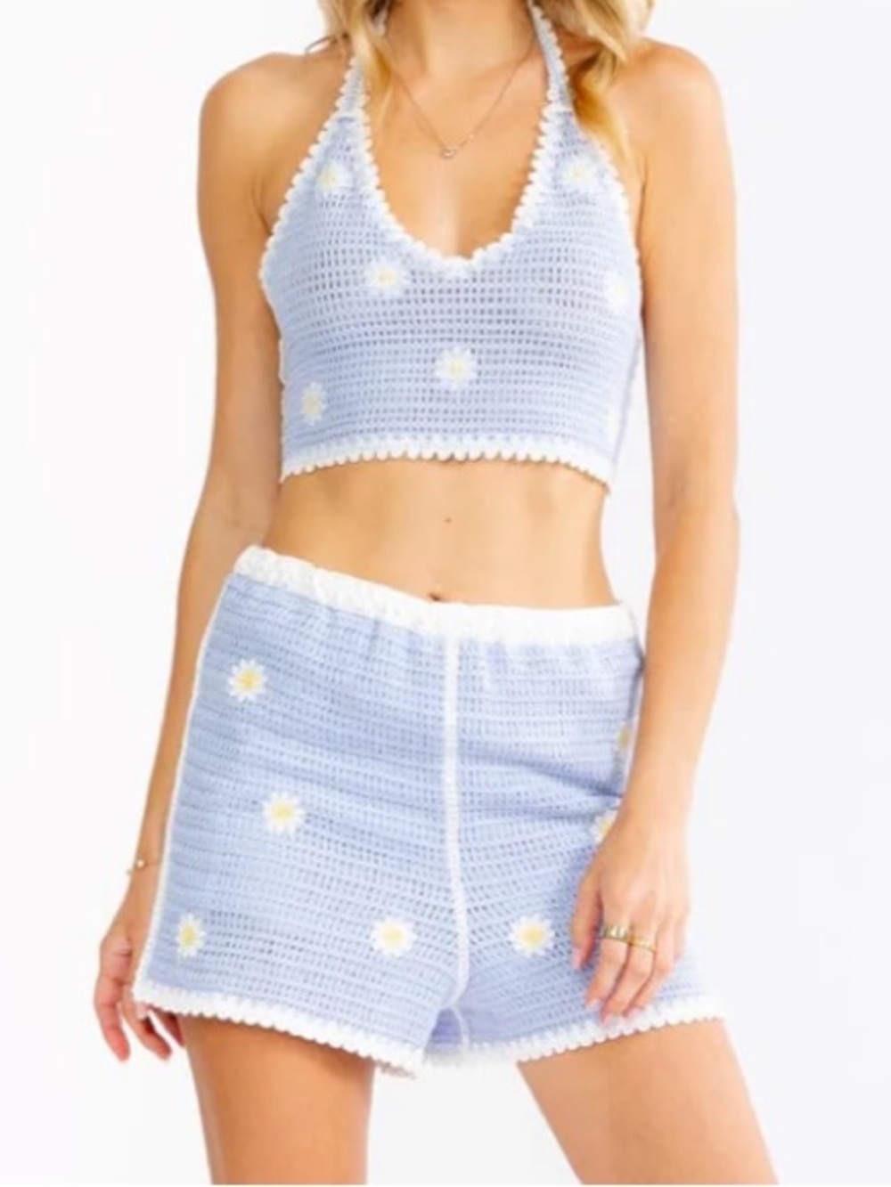 Boho NWT blue Crochet Daisy Halter Crop Top and Shorts Set size S/M - M/L